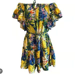 Rachel Roy EUC bright tropical print ruffle sleeve tiered waist tie mini dress M